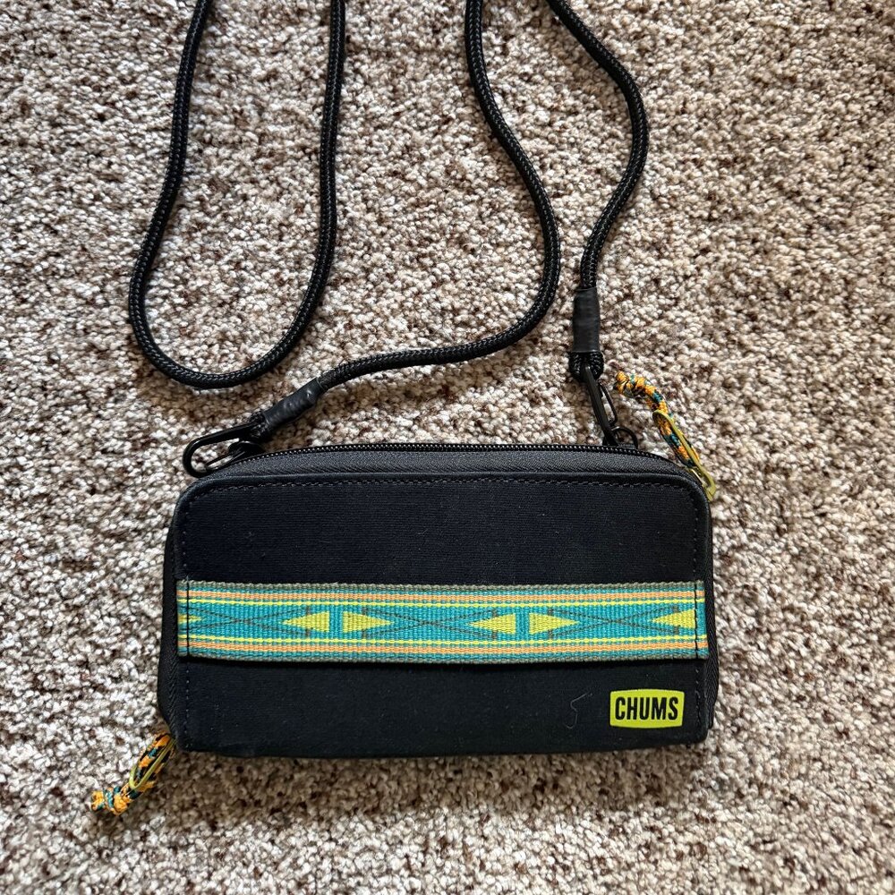 CHUMS Black Crossbody Wallet with Turquoise Accent